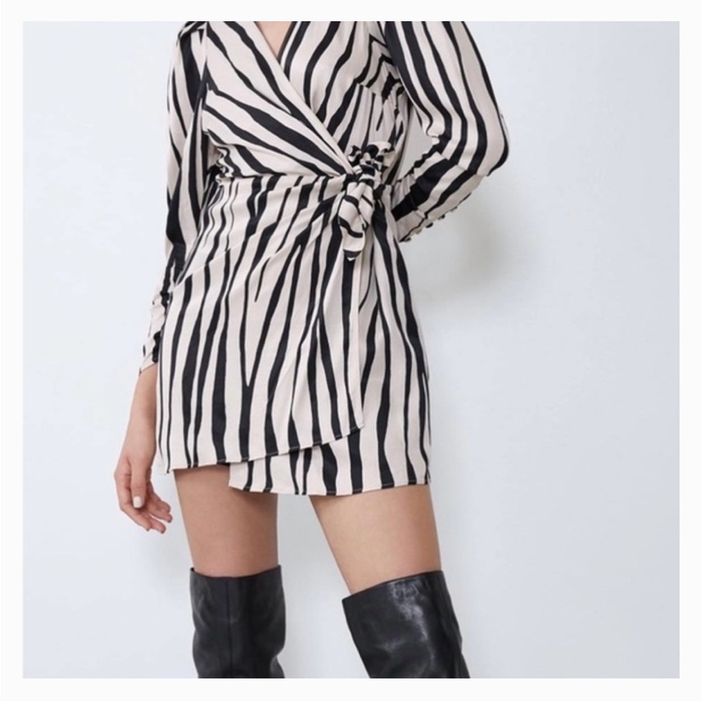 Zara Black and Cream Striped Wrap Mini Dress